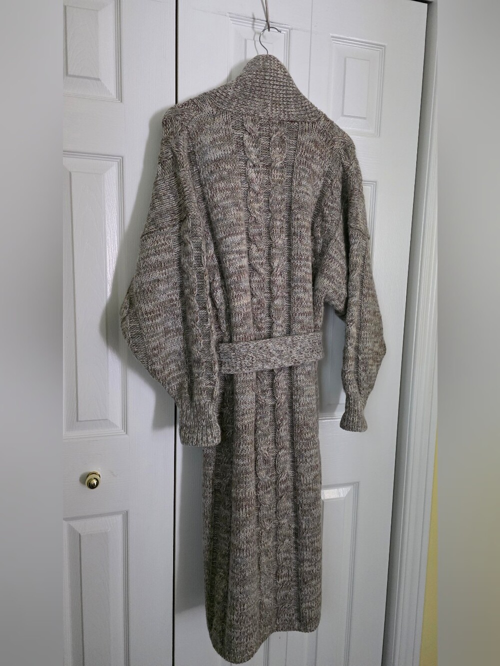 Mohair Wool Blend Belted Long Taupy- Beige Cable Knit Cardigan L-XL - Picture 12 of 13